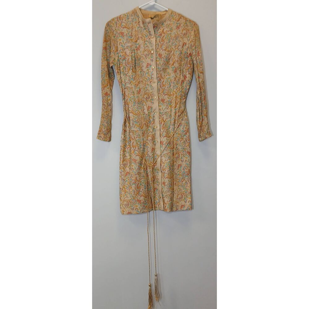 Vintage anne forgarty 70's dress shimmer metallic tie waist tassels